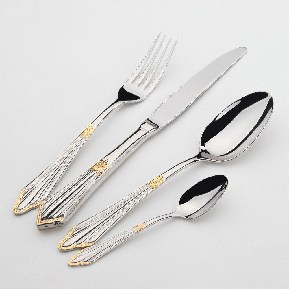 Gold finish stainless steel cutlery set, 24 or 48 piece with engraved pattern