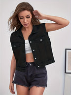 Women denim sleeveless jacket with flap pockets regular fit