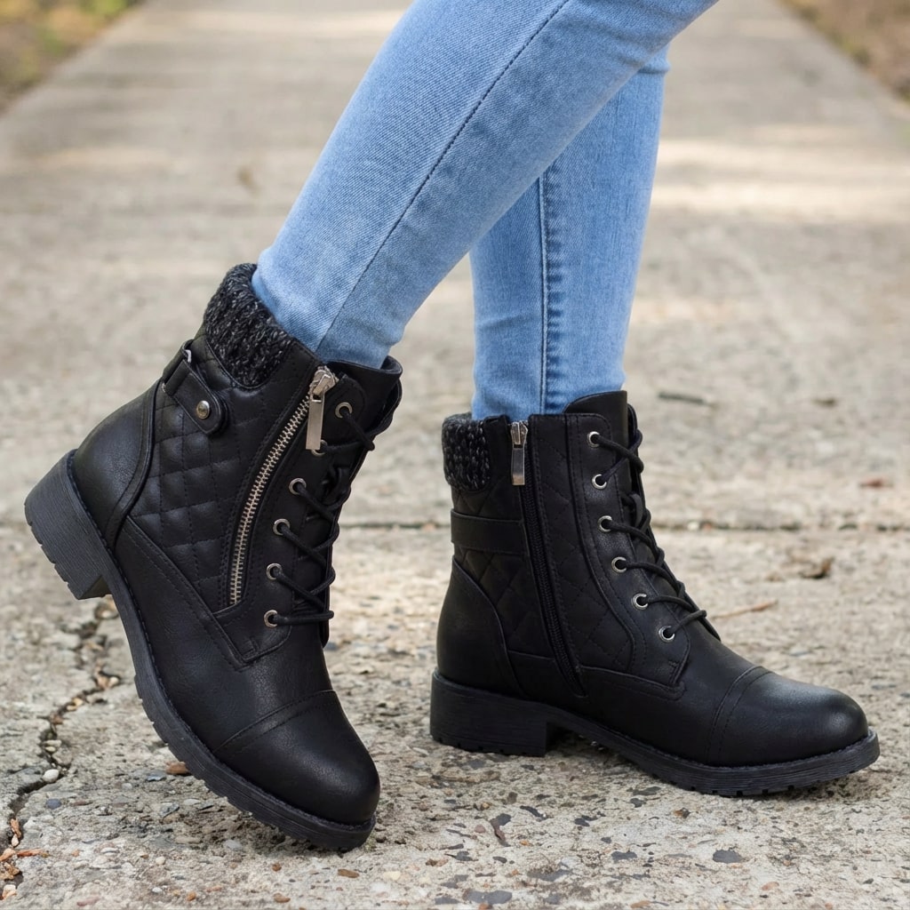 Women's leather ankle boots with side zipper and low block heel