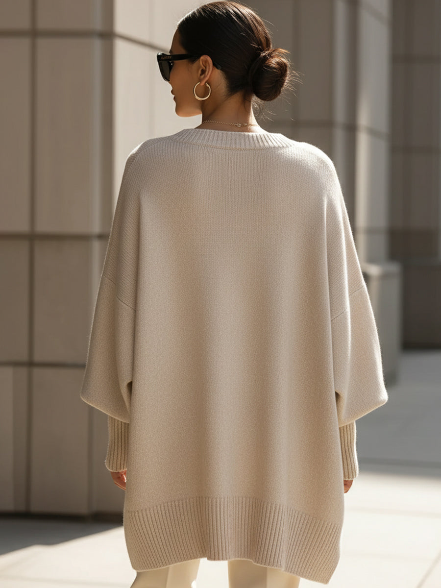 Women oversized pullover relaxed fit with ribbed round neckline and wide sleeves