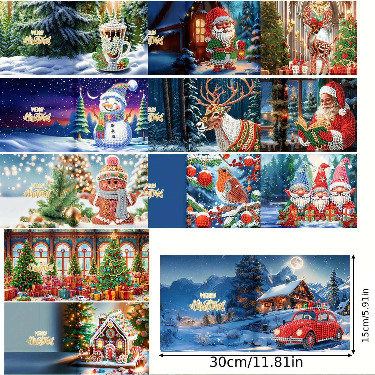 Diamond painting Christmas cards DIY kit with Santa and animal designs, 12pcs multicolor
