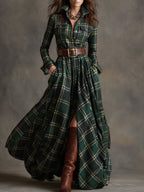 Women's shirt dress button-down plaid relaxed fit, available in reddish-brown, green, blue, black