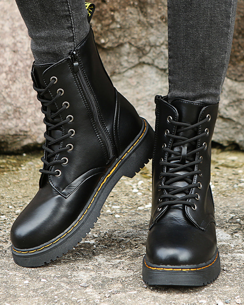 Women leather ankle boots with platform sole, casual spring style