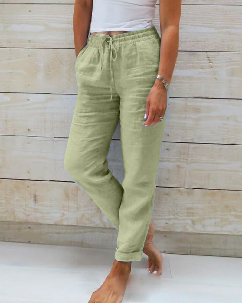 Women's casual trousers with elasticated waist, available in 6 colours including khaki, black and grey