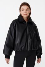 Women faux leather oversized bomber jacket with ribbed cuffs and soft lining