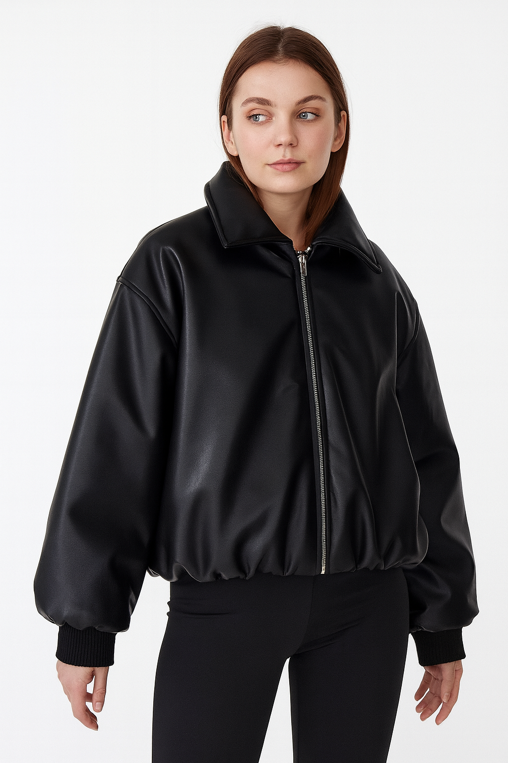 Women faux leather oversized bomber jacket with ribbed cuffs and soft lining