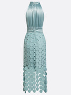 Halter midi dress with satin bodice and circular appliqué skirt, occasion wear