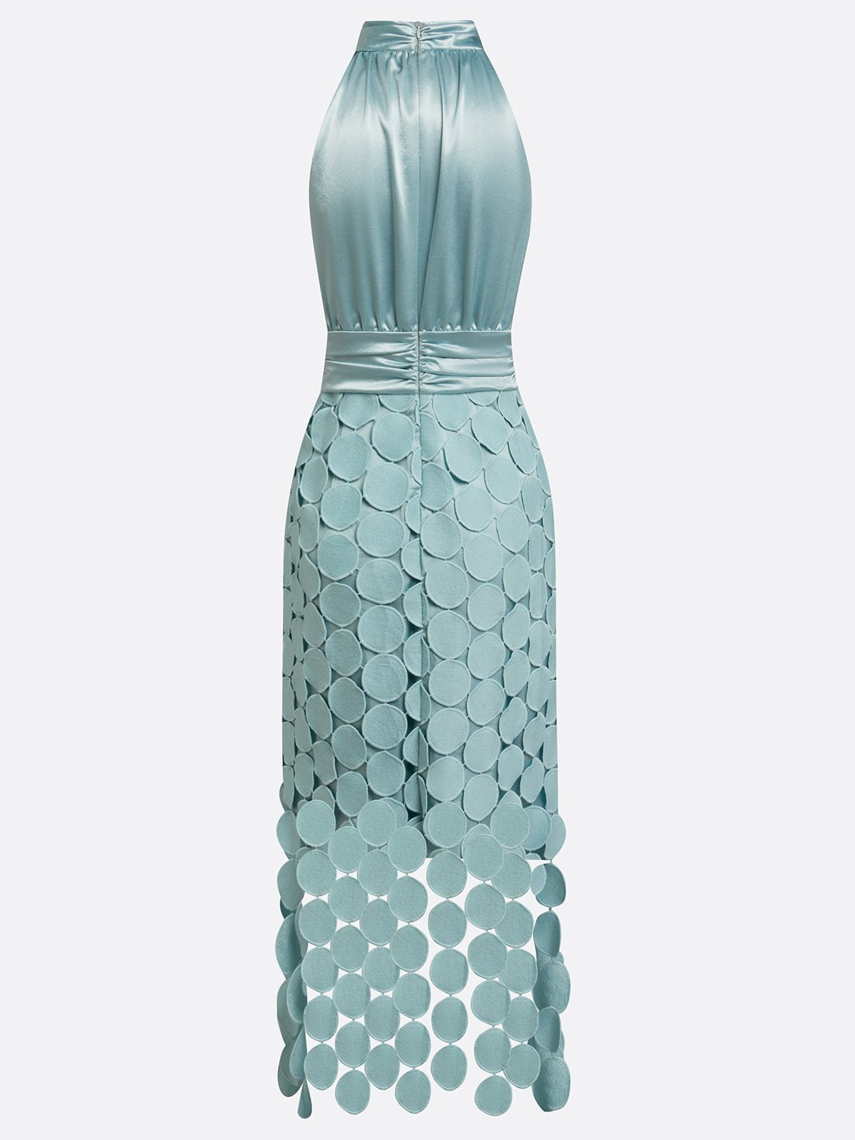 Halter midi dress with satin bodice and circular appliqué skirt, occasion wear