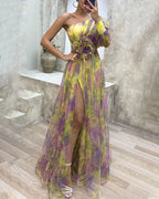 Evening maxi dress one-shoulder with floral appliqué and high leg slit