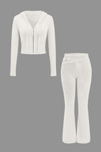 Women 2 piece knit hoodie and flared pants set with side buckle detail
