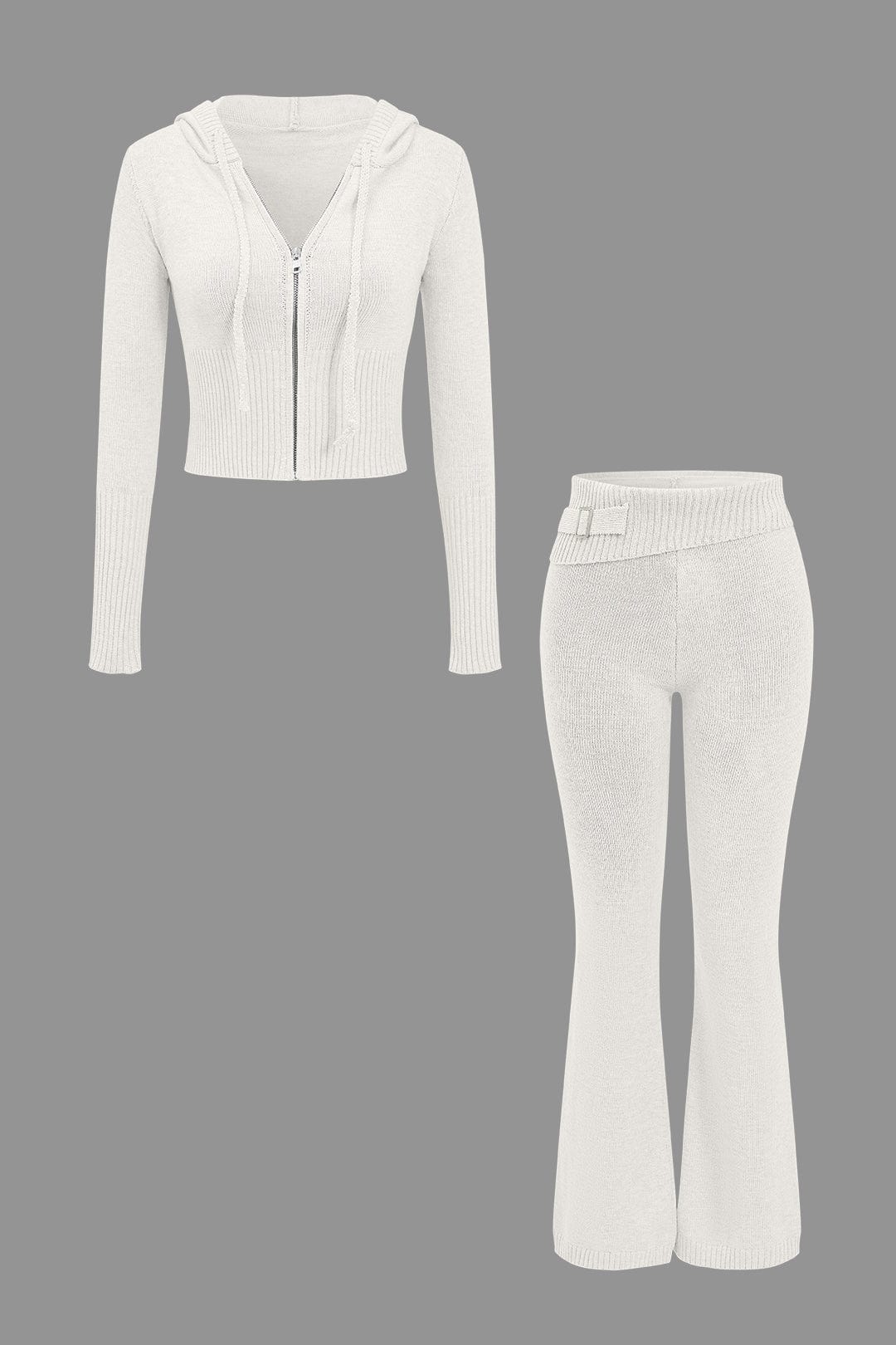 Women 2 piece knit hoodie and flared pants set with side buckle detail