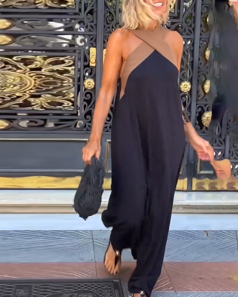 Women's maxi cross neck dress with open back, available in Black, White, Navy Blue and Gray