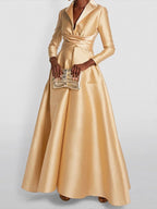 Women's A-line high waist V-neck long sleeve pleated maxi dress in multiple colours
