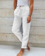 Women's casual trousers with elasticated waist, available in 6 colours including khaki, black and grey