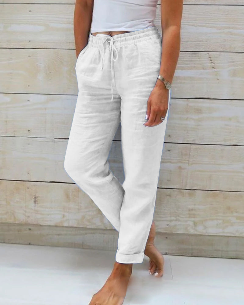 Women's casual trousers with elasticated waist, available in 6 colours including khaki, black and grey