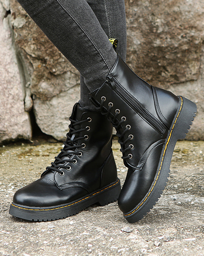 Women leather ankle boots with platform sole, casual spring style