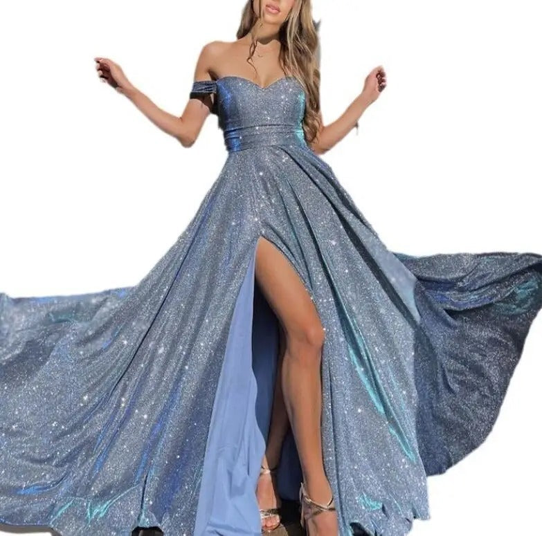 Women off shoulder maxi dress with glitter details flowing silhouette