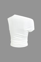 Women's two-piece set with one-shoulder top and draped mini skirt, asymmetric knot detail