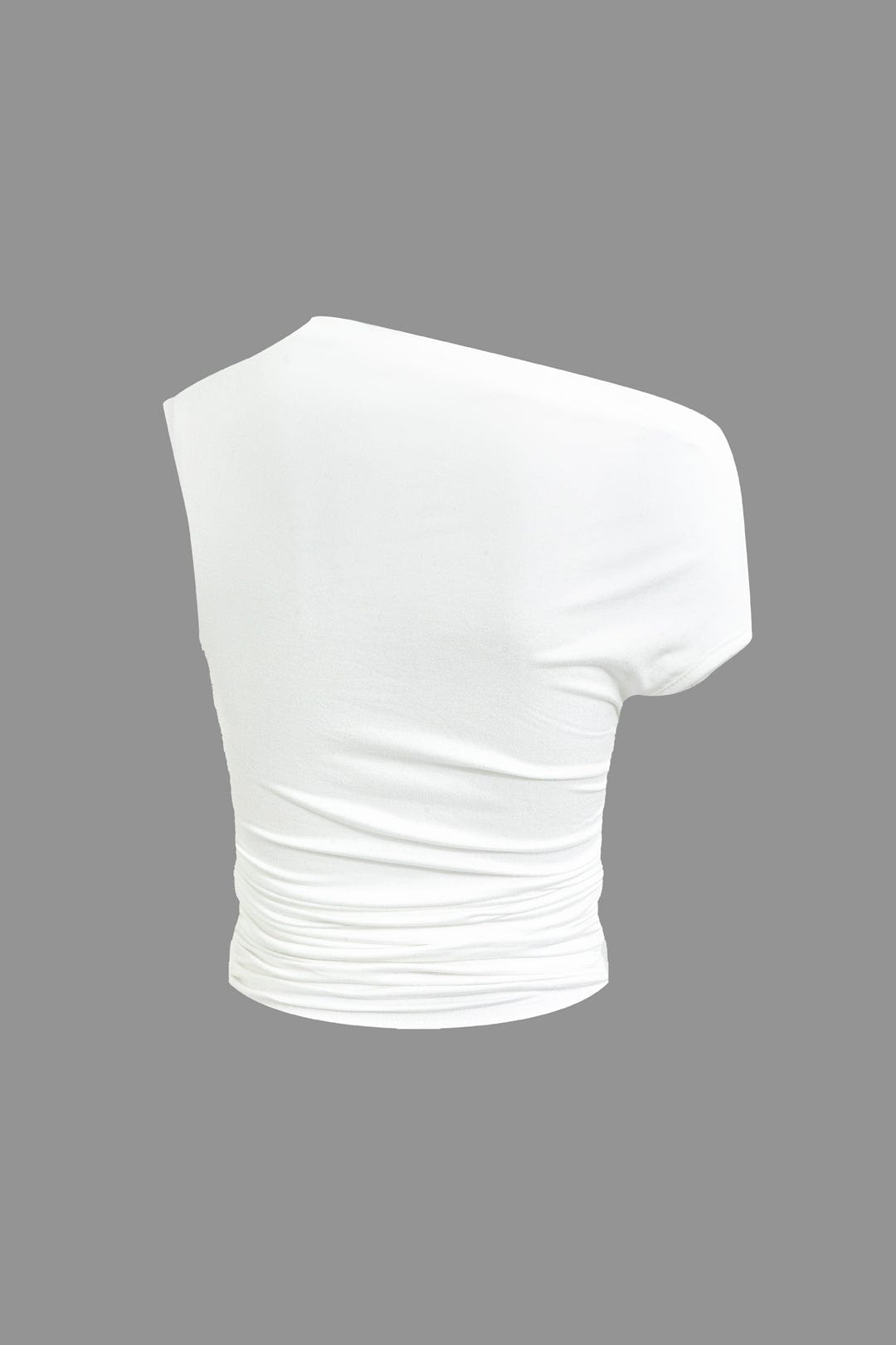 Women's two-piece set with one-shoulder top and draped mini skirt, asymmetric knot detail