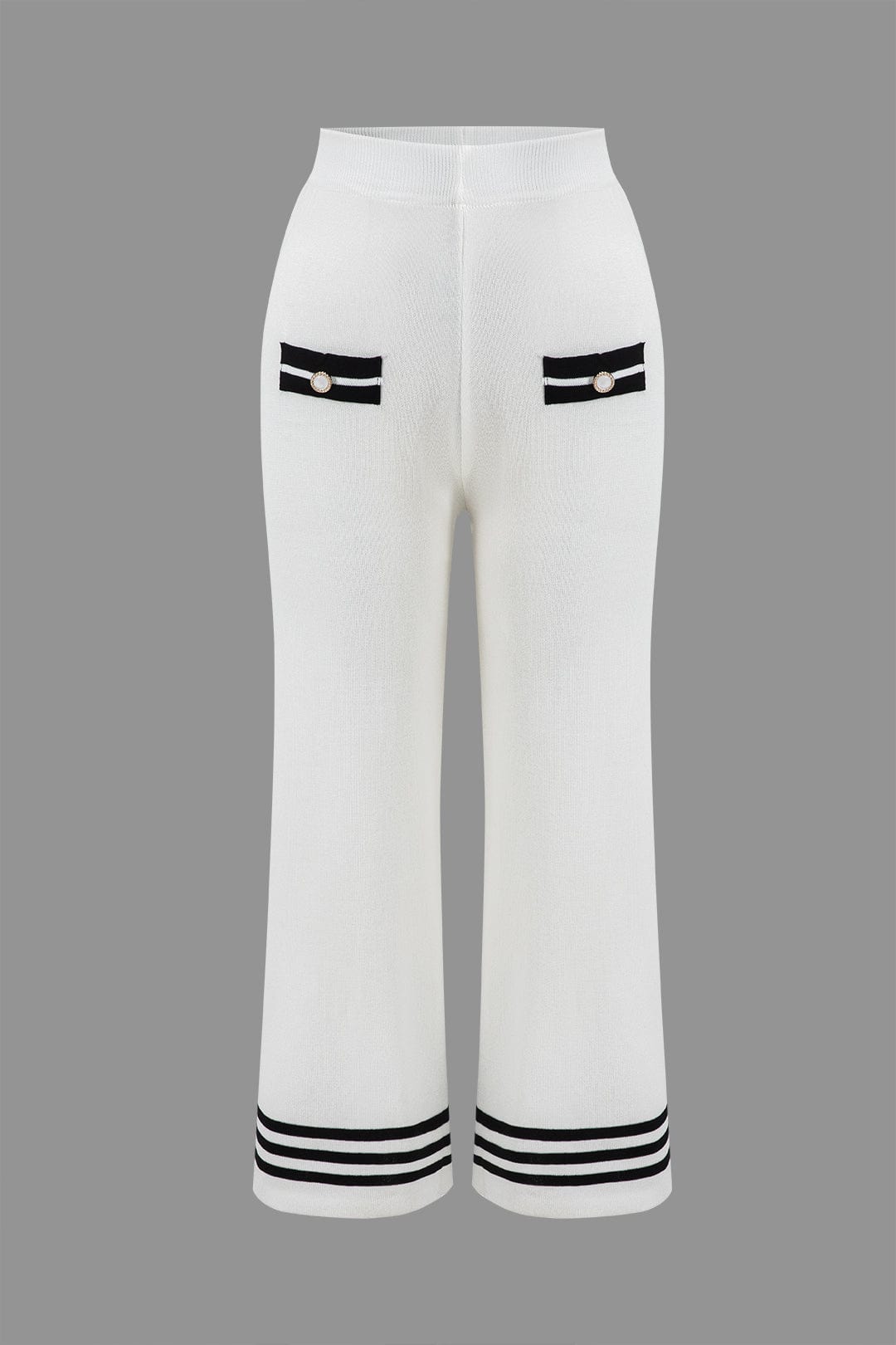 Women's knit two-piece set with cropped cardigan and wide-leg pants, black and white