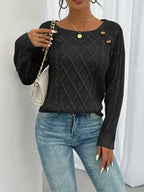 Women's winter cable knit pullover sweater with decorative button detail