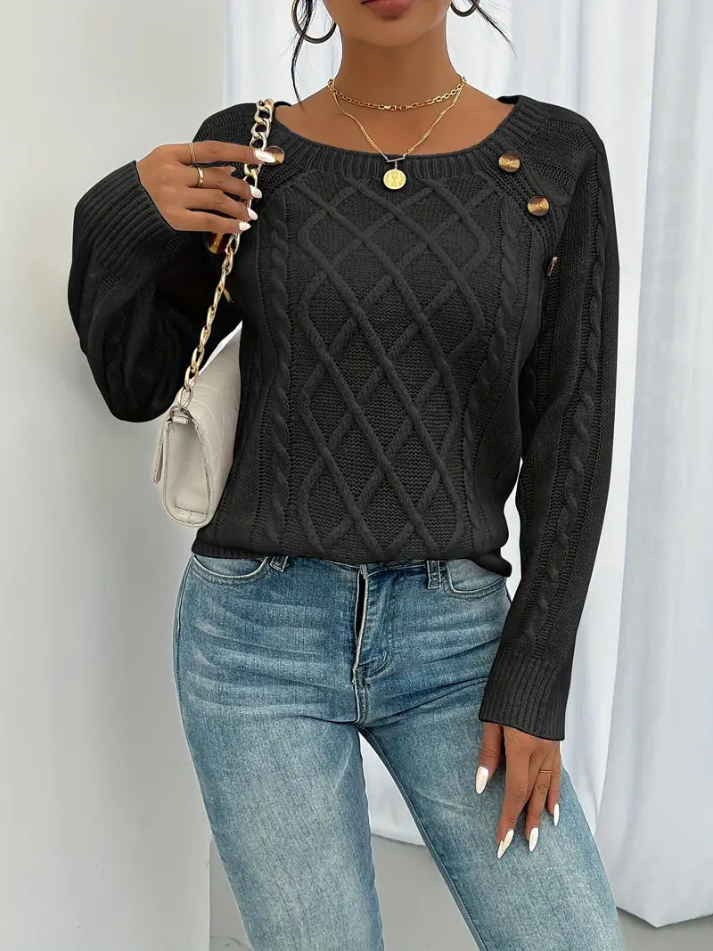 Women's winter cable knit pullover sweater with decorative button detail