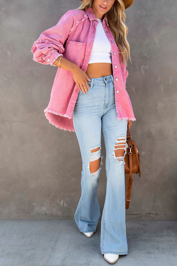 Women oversized denim jacket with fringe detail and button-front closure