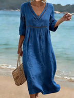 Women's soft-touch V-neck dress with side pockets, short sleeves, everyday casual wear