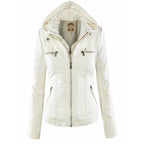 Women's faux leather jacket with removable hood and quilted sleeves, moto style