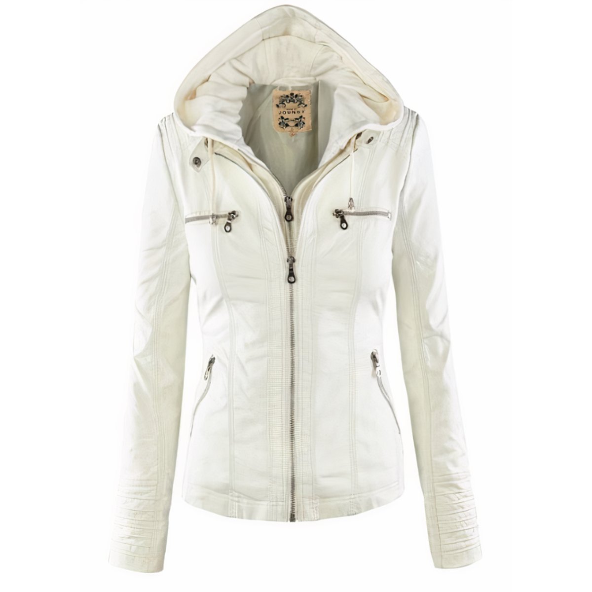 Women's faux leather jacket with removable hood and quilted sleeves, moto style