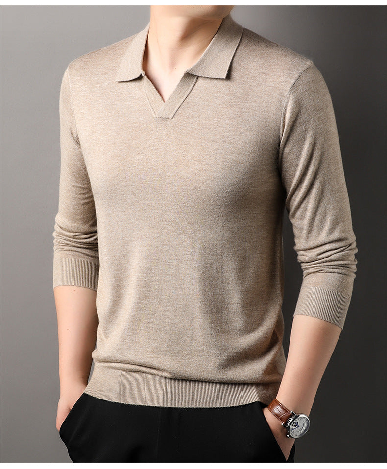 Men's long sleeve V-neck polo shirt in beige with ribbed trim
