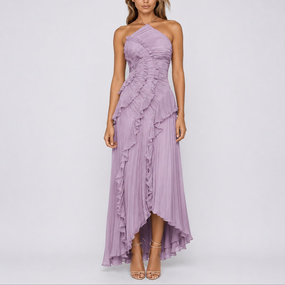 Women halter neck ruffle maxi dress with high low hem in flowing fabric