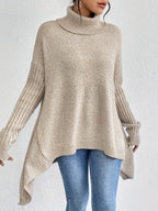 Women knit sweater high neck asymmetric hem relaxed fit