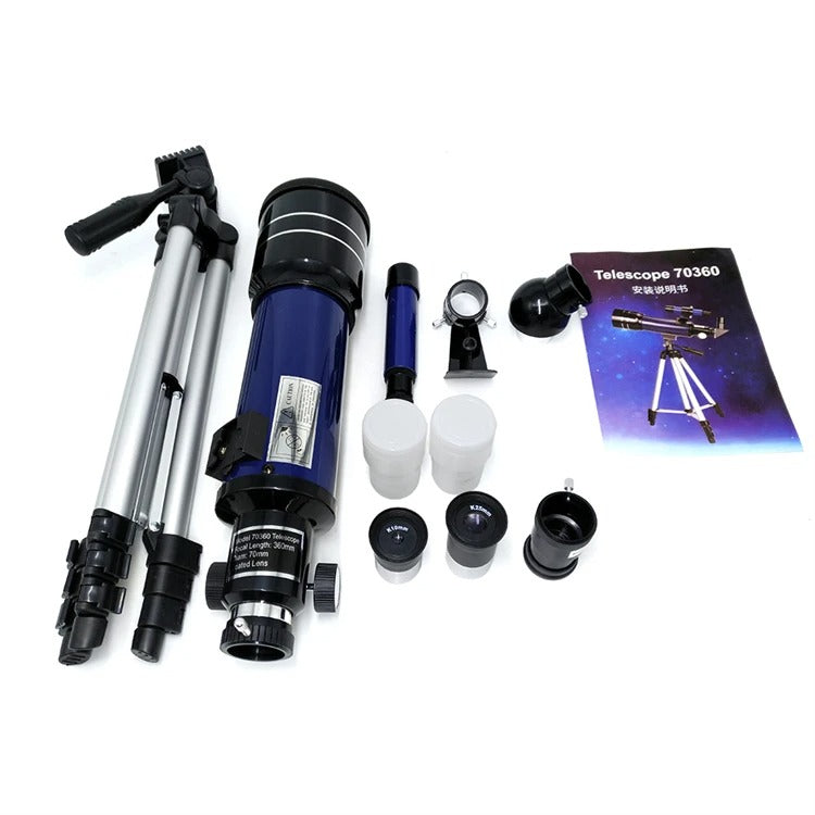 Beginner refractor telescope 70mm aperture with aluminum tripod and accessories