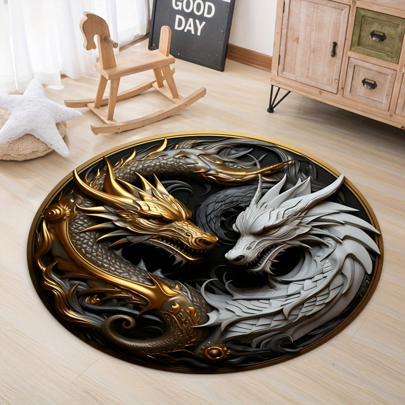 Round dragon rug non-slip decorative carpet flatwoven polyester floor mat