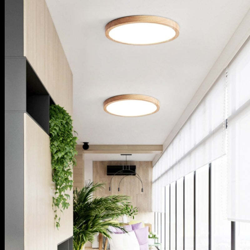 LED ceiling light dimmable tri-color minimalist wood accent, 23cm to 50cm