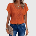 Women's openwork blouse short sleeve round neck loose fit, decorative perforated knit