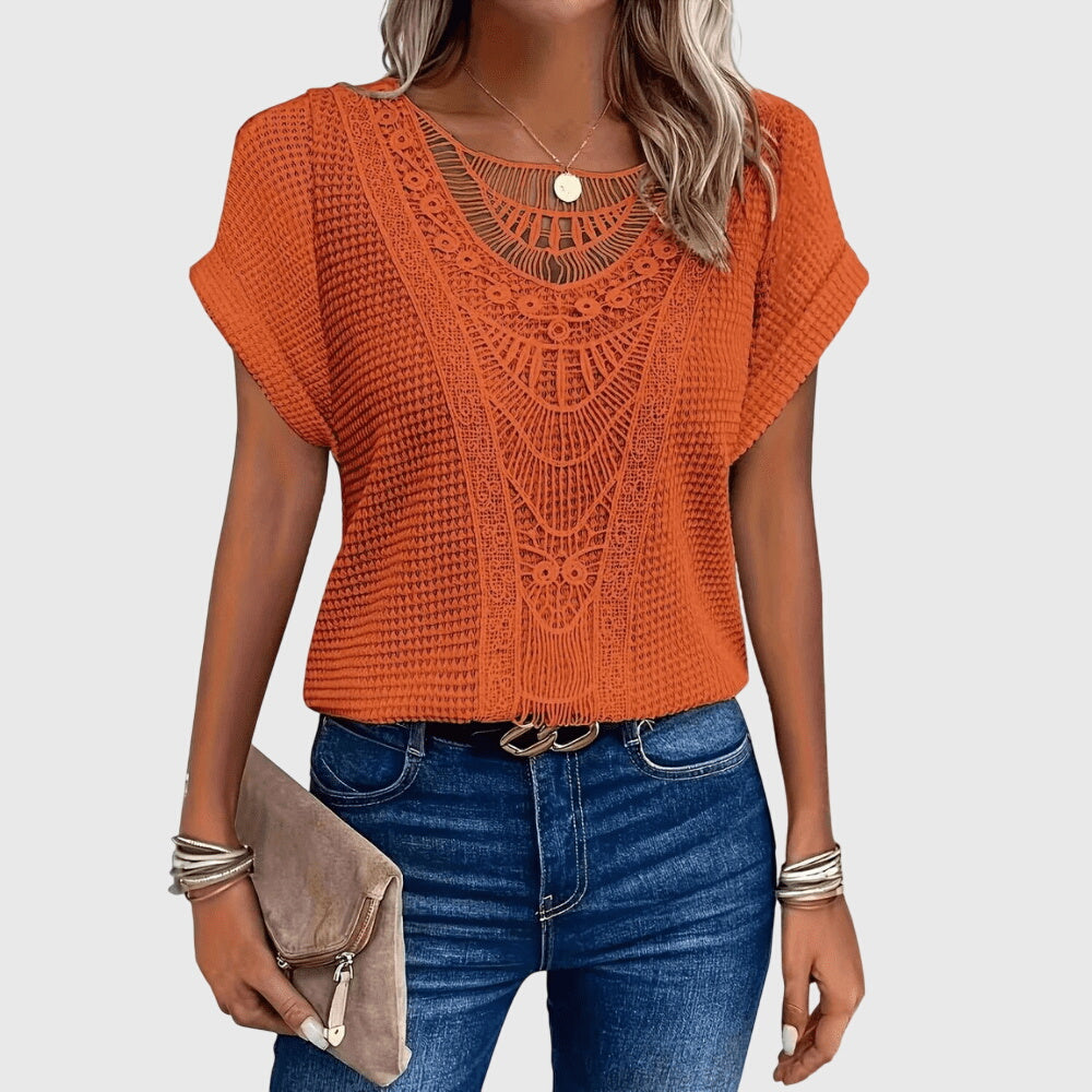 Women's openwork blouse short sleeve round neck loose fit, decorative perforated knit