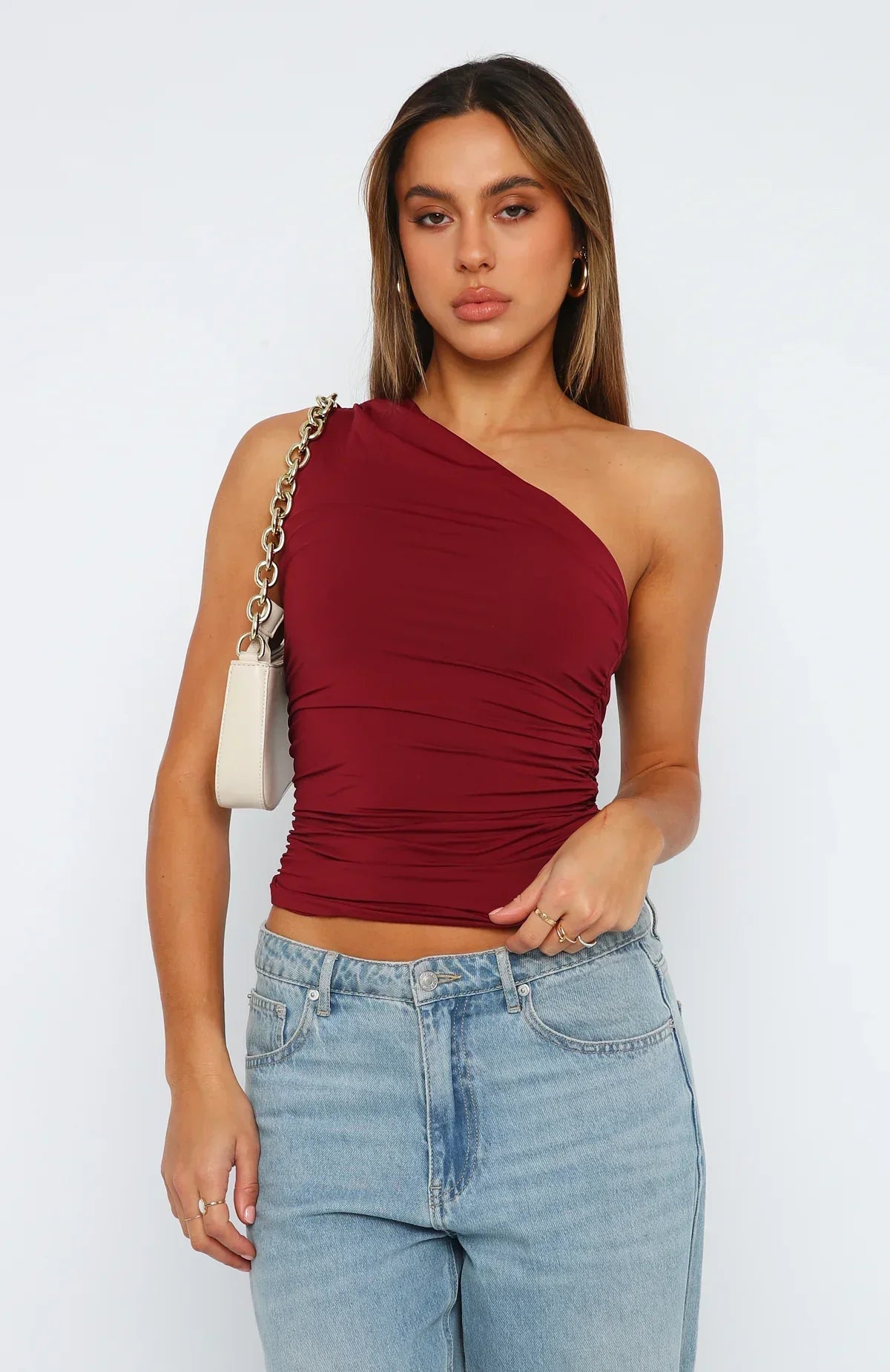 Women one shoulder ruched top asymmetric fitted style