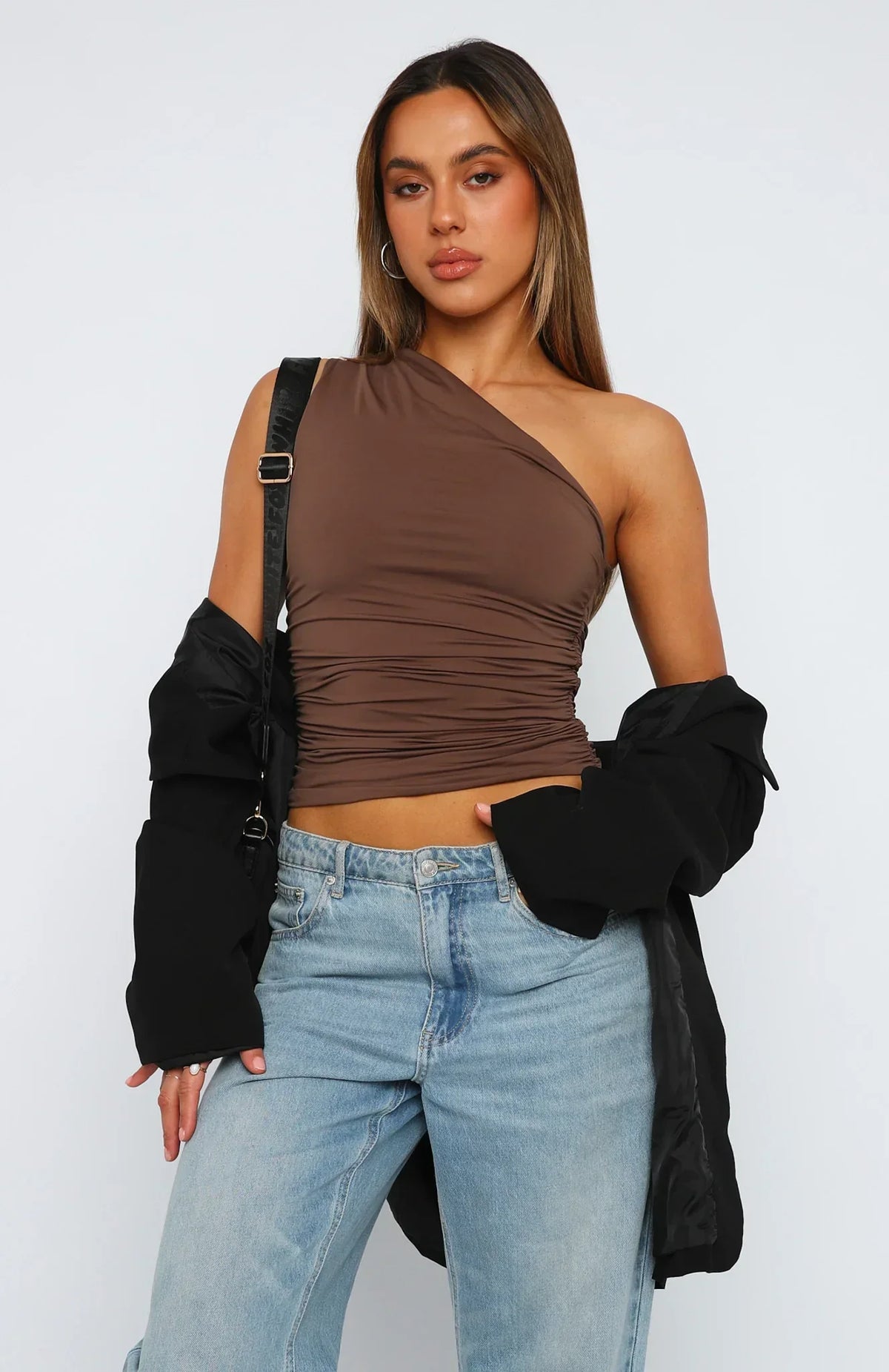 Women one shoulder ruched top asymmetric fitted style