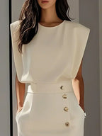 Women's structured midi dress with round neckline and button slit detail
