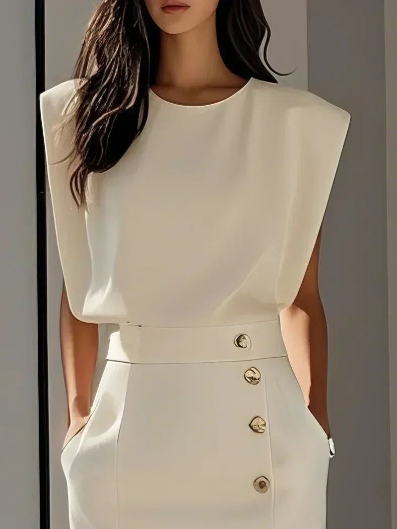 Women's structured midi dress with round neckline and button slit detail