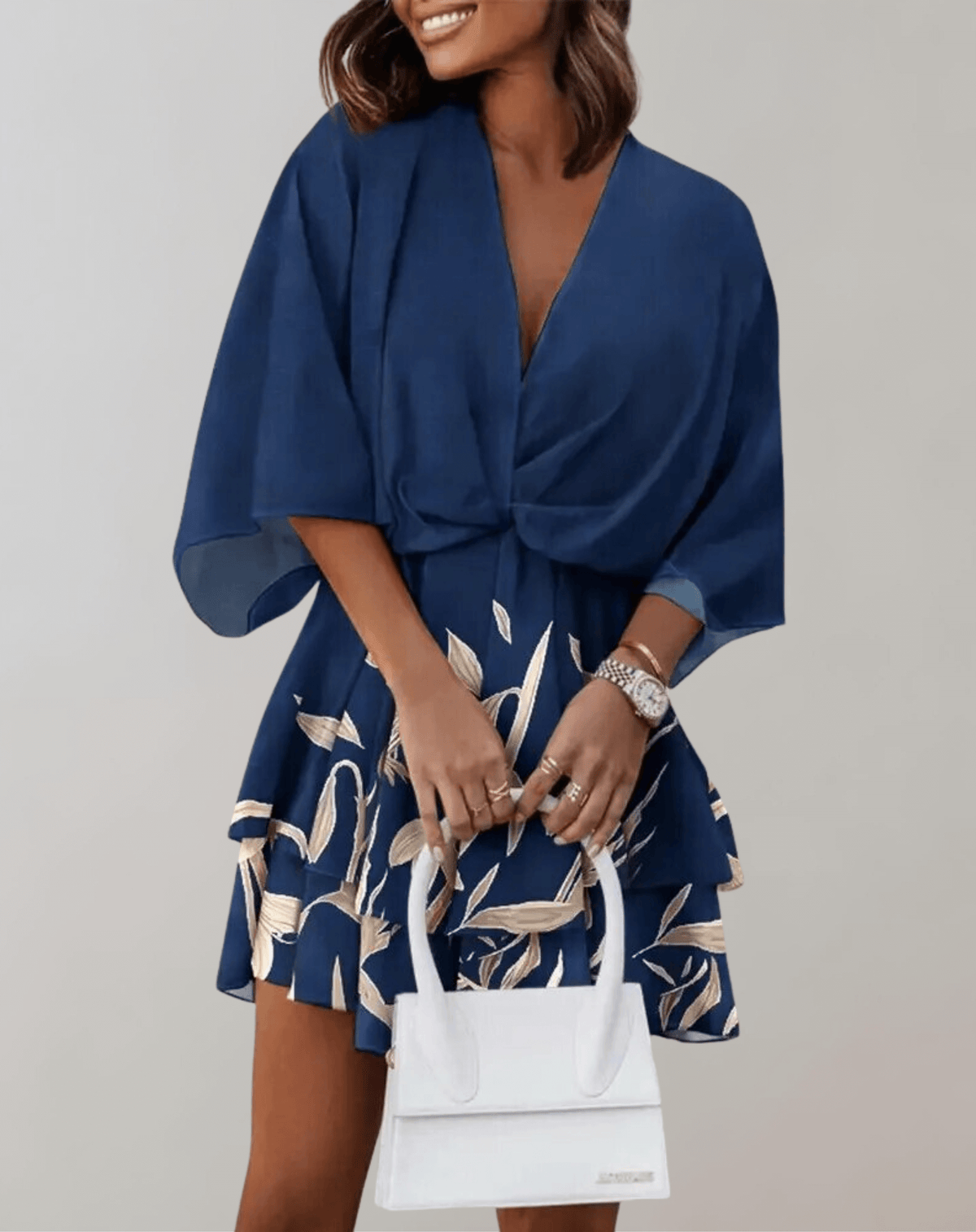 Women's midi dress with batwing sleeves and V-neckline, spring summer