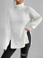 Women ribbed knit turtleneck sweater with side slit hem, autumn winter