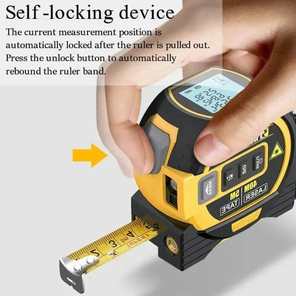 Laser tape measure 3-in-1 infrared rangefinder with LCD display, yellow and blue