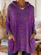 Women cotton blend hoodie ethnic print tunic length relaxed fit