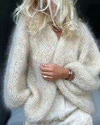 Women soft knit cardigan relaxed fit in beige, cozy and layerable
