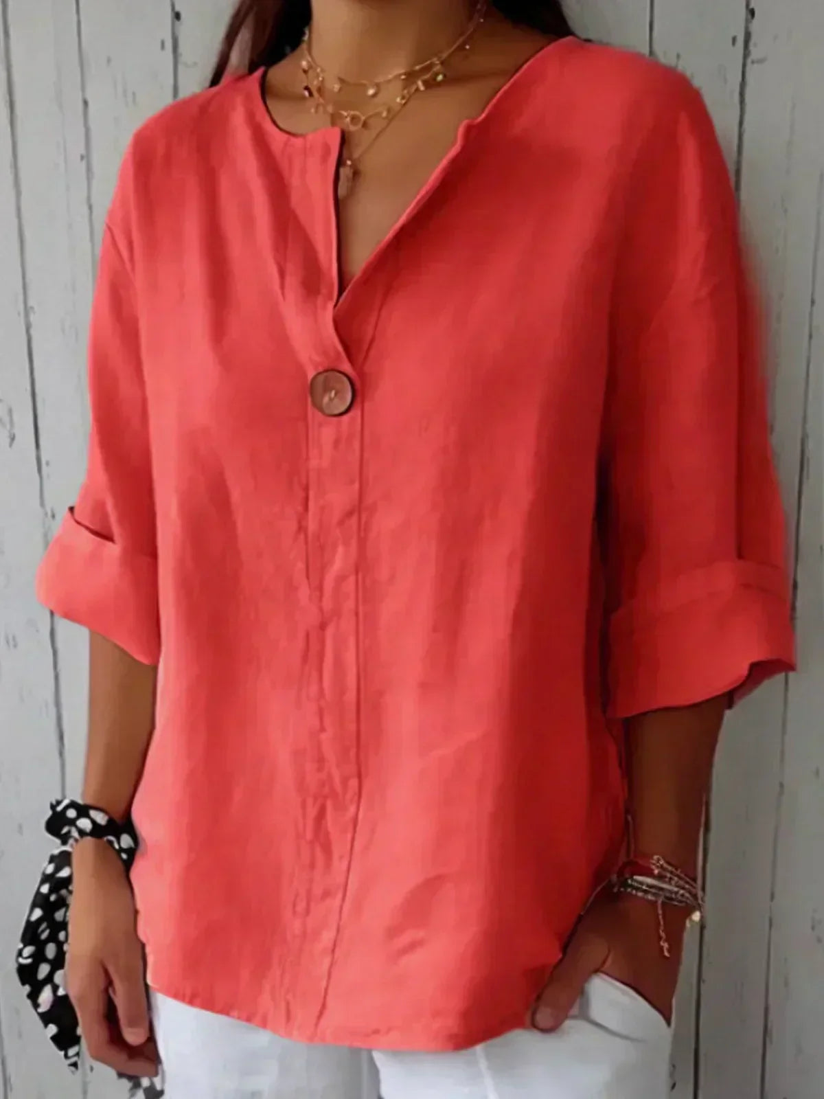 Women's lightweight V-neck blouse loose fit summer top with button detail