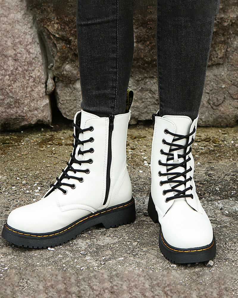 Women leather ankle boots with platform sole, casual spring style