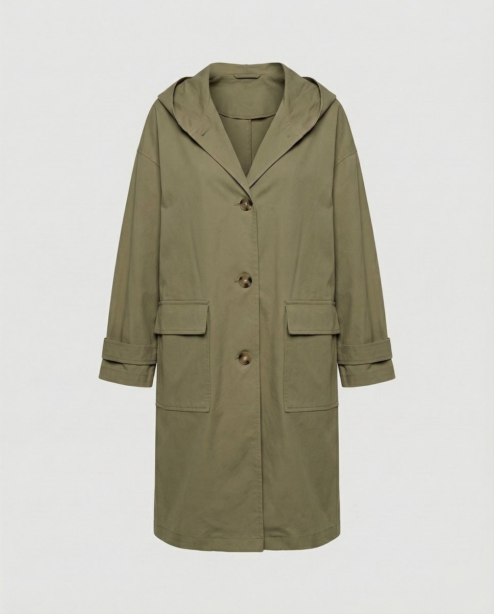 Women hooded water repellent trench coat maxi length in beige